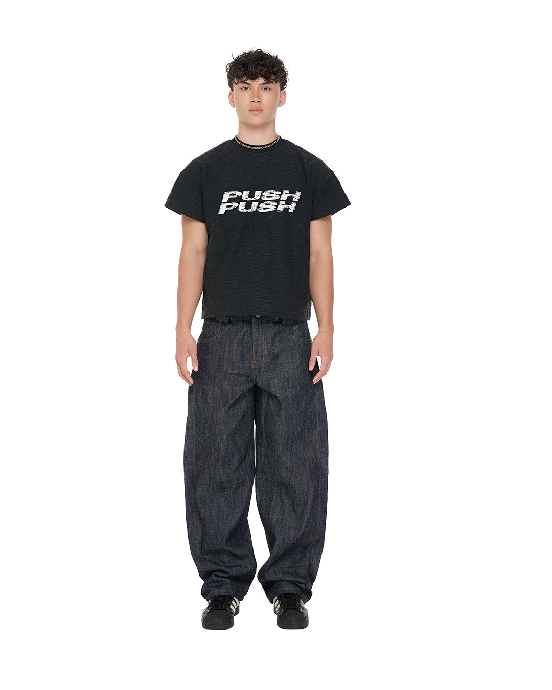 PP Gritty Selvedge Denim, Black – front view on model