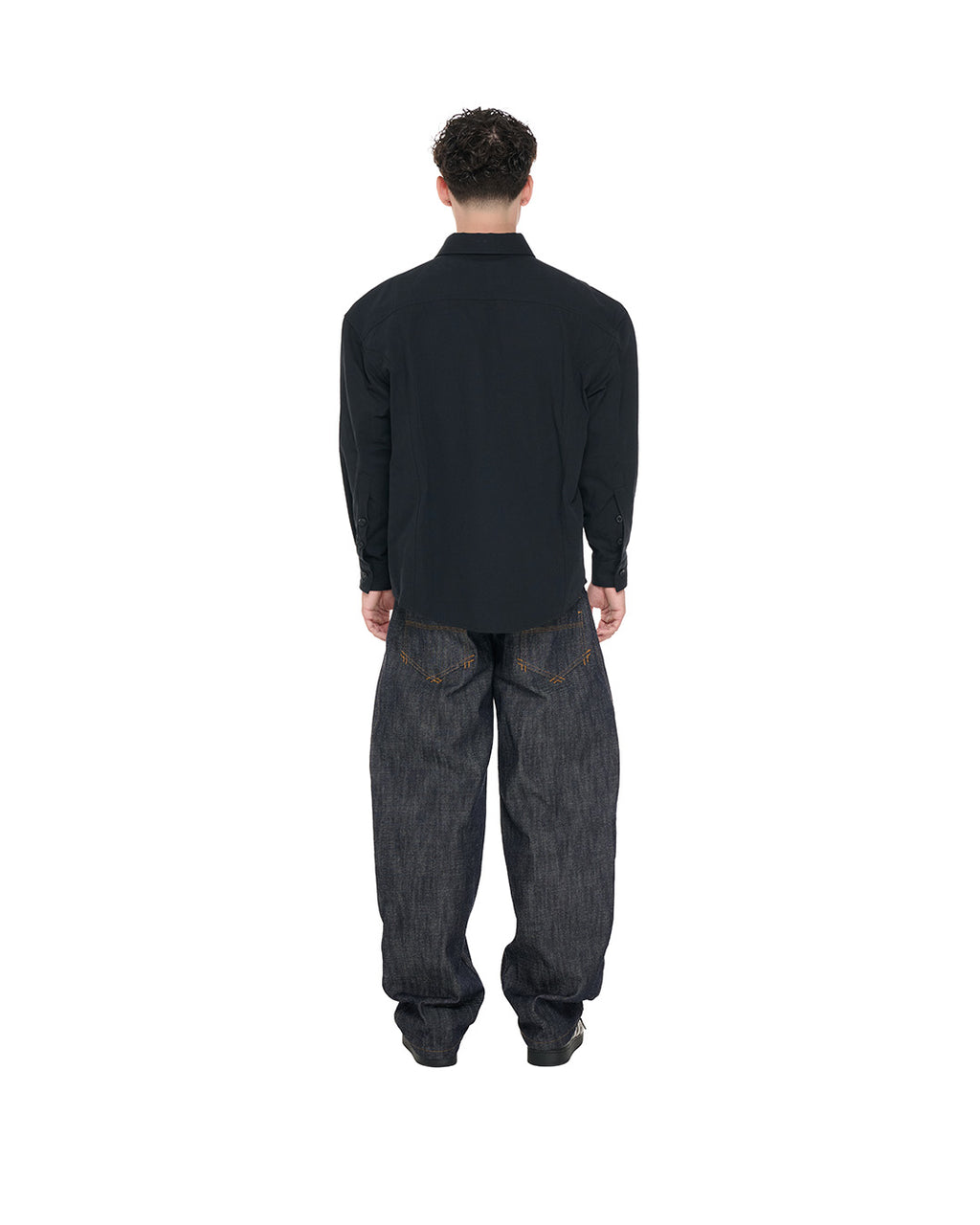PP Gritty Selvedge Denim, Black – back view on model