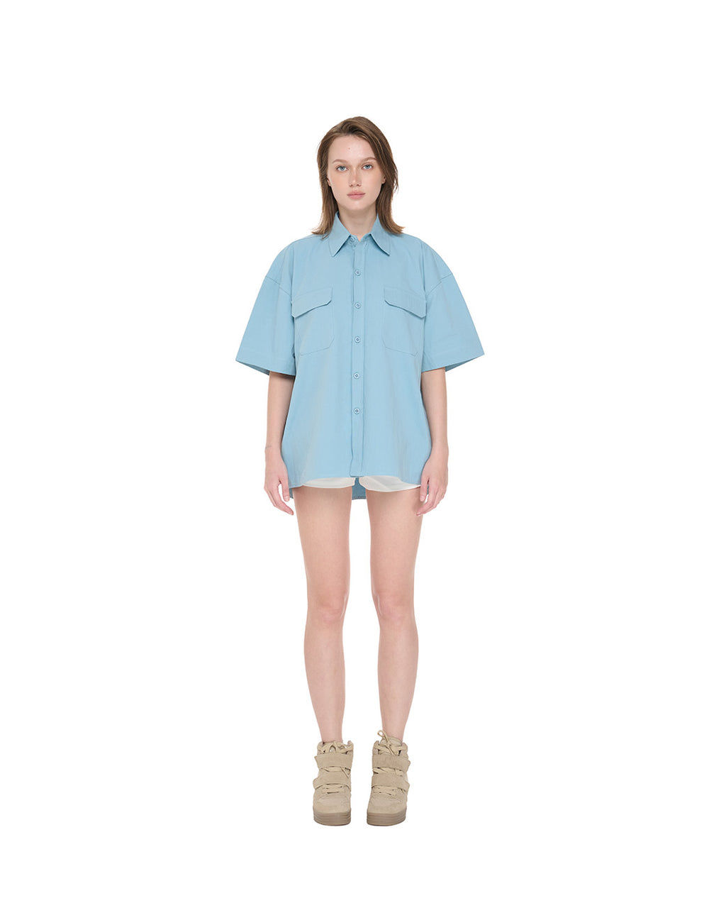 PP Strap Shirt, Blue – front view on female model